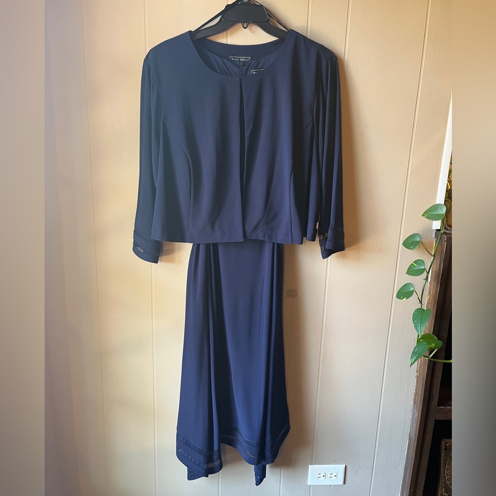 Jessica Howard navy blue dress with matching jacket.
